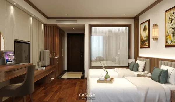 Phòng ngủ hiện đại, sang trọng với nội thất gỗ ấm áp, ánh sáng dịu nhẹ.