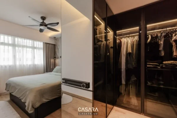 Phòng ngủ hiện đại, tối giản với tủ quần áo âm tường sang trọng.