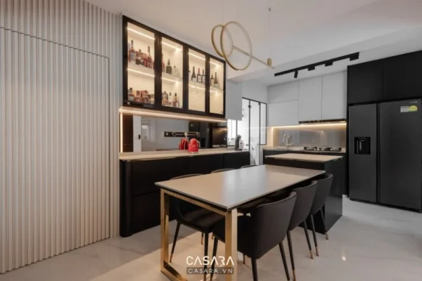 Phòng bếp hiện đại, sang trọng với thiết kế tối giản, tinh tế.