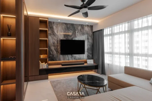 Phòng khách hiện đại, sang trọng với nội thất gỗ ấm áp.