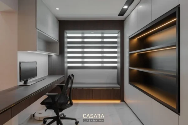 Phòng làm việc hiện đại, tối giản với tông màu trung tính.