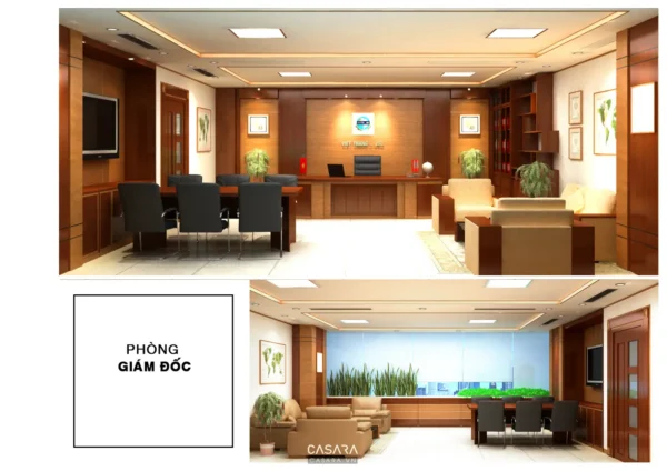 Phòng họp giám đốc hiện đại, sang trọng với nội thất gỗ chủ đạo.