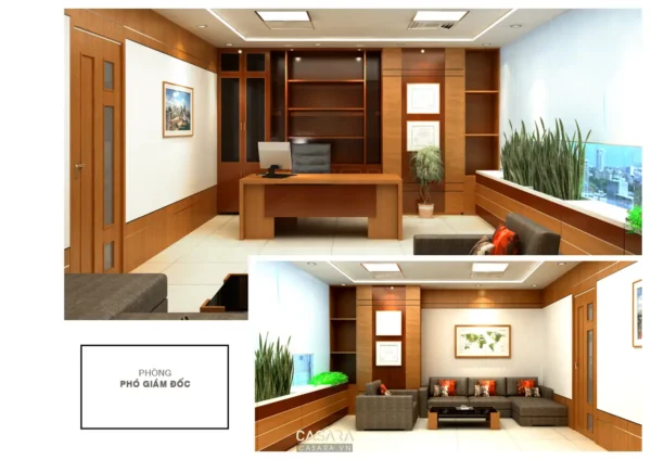 Phòng làm việc hiện đại, sang trọng với nội thất gỗ chủ đạo.