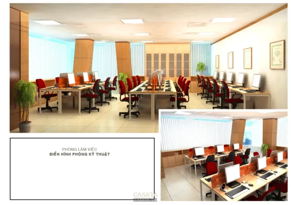 Phòng làm việc kỹ thuật hiện đại với nhiều máy tính và thiết kế sáng sủa.