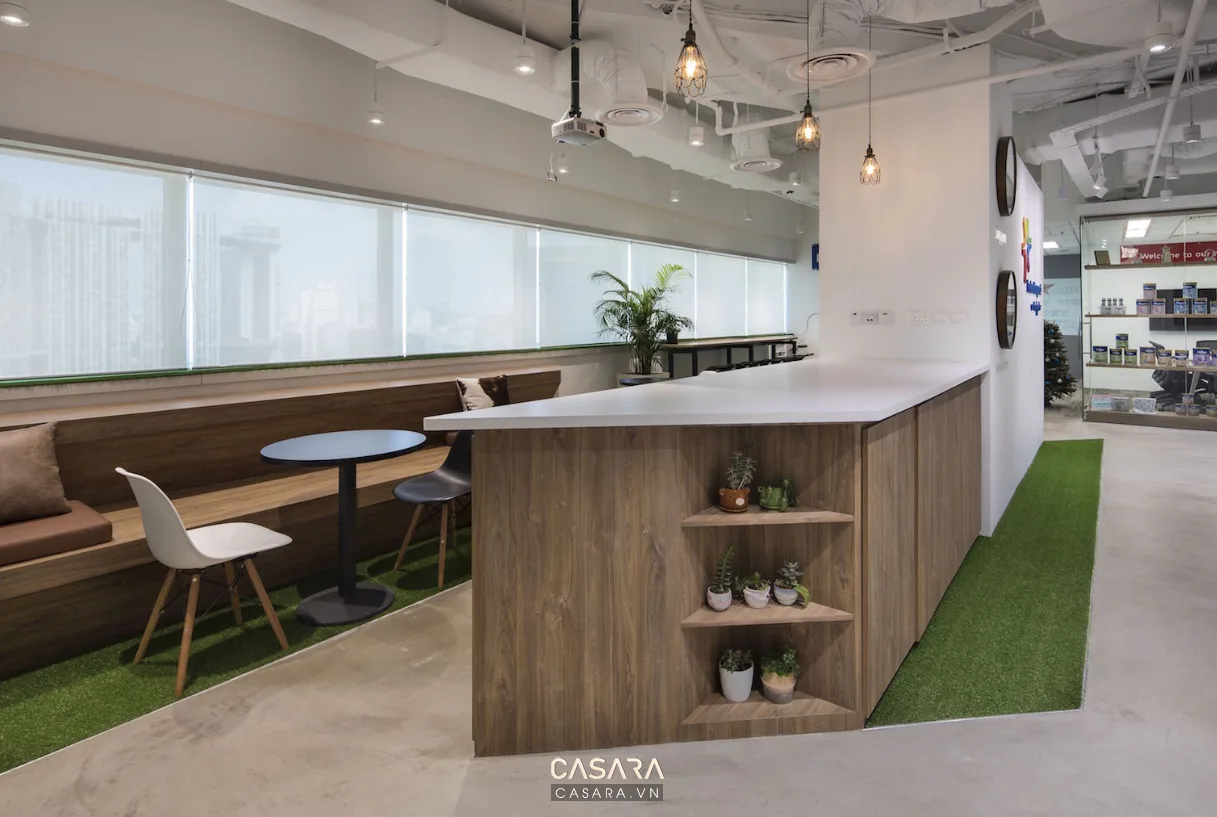 Phối cảnh thiết kế quán cafe hiện đại với quầy bar và khu bàn ghế