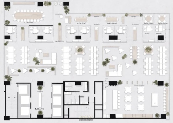 Mặt bằng văn phòng hiện đại với nhiều khu vực làm việc và phòng họp.