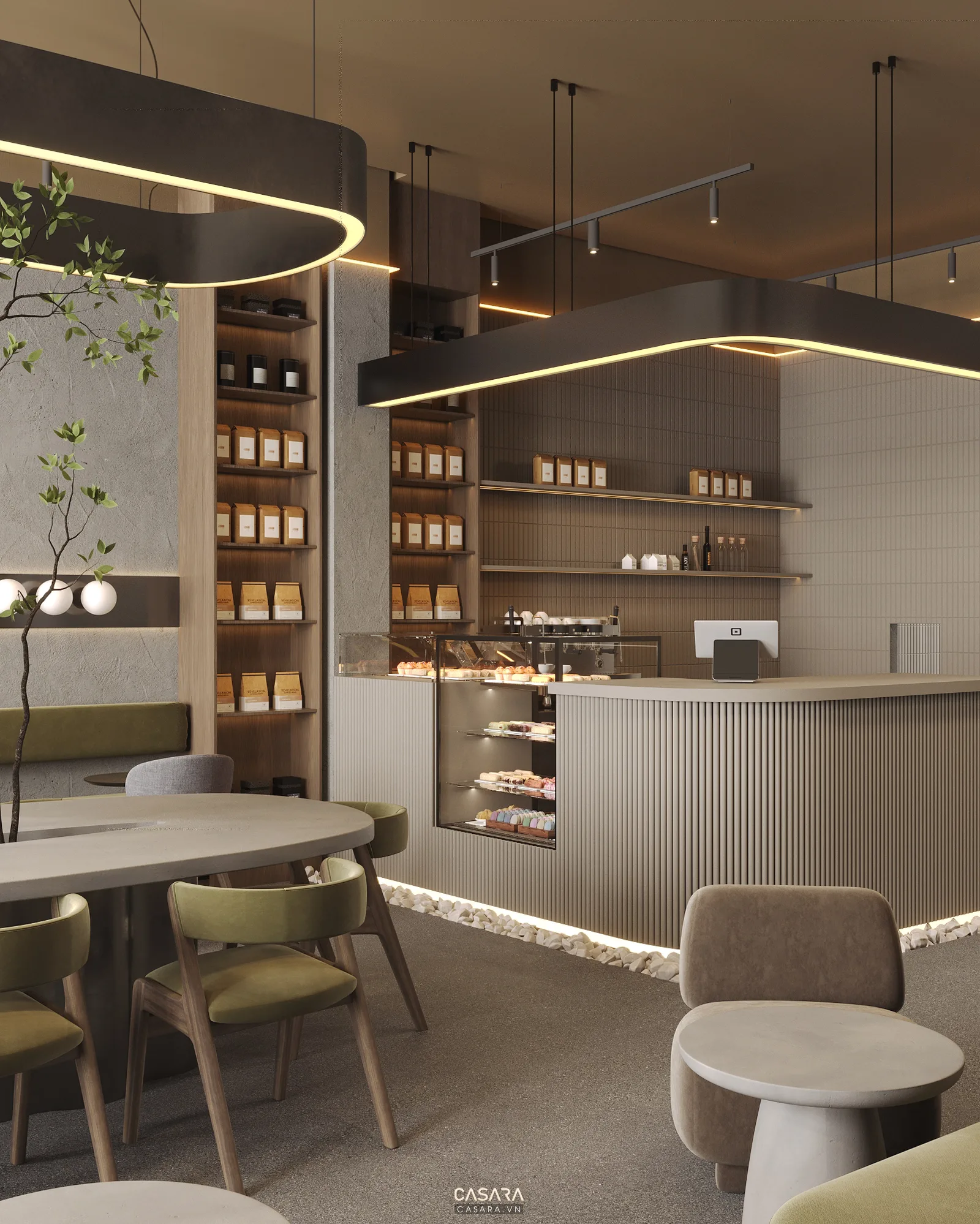 Mặt bằng quán cafe hiện đại có quầy pha chế và khu bàn ghế được bố trí rõ luồng di chuyển