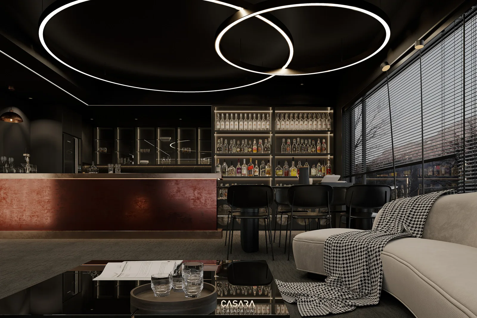 Quán cafe buổi tối có đèn thả ánh sáng hắt tường quầy bar và khách trò chuyện