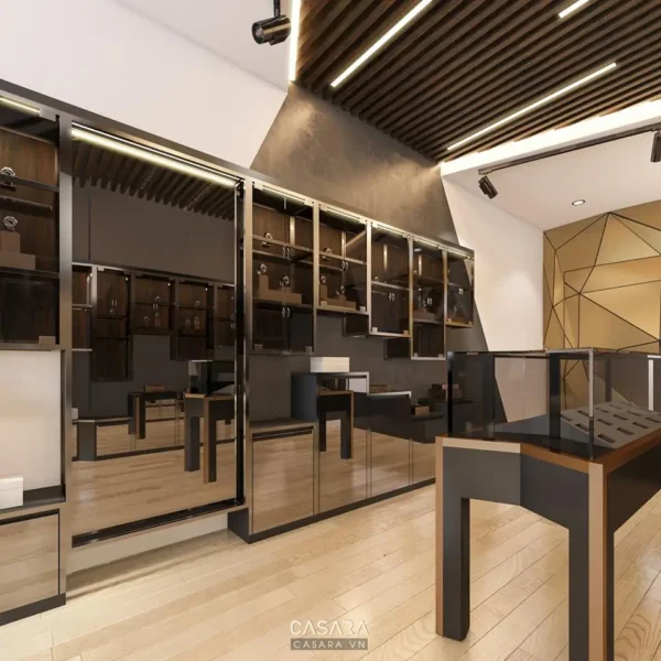 Nội thất cửa hàng sang trọng với thiết kế hiện đại, ánh sáng ấm áp.