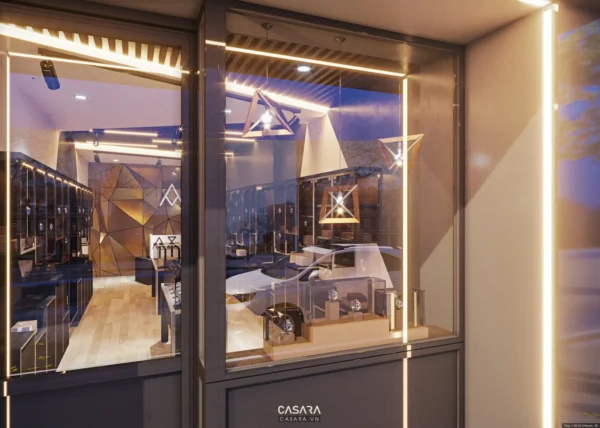 Cửa hàng trang sức Casara với thiết kế hiện đại, sang trọng và ánh sáng ấm áp.