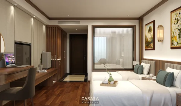 Phối màu hài hòa giữa tông nâu trầm của gỗ tự nhiên và sắc trắng thanh lịch