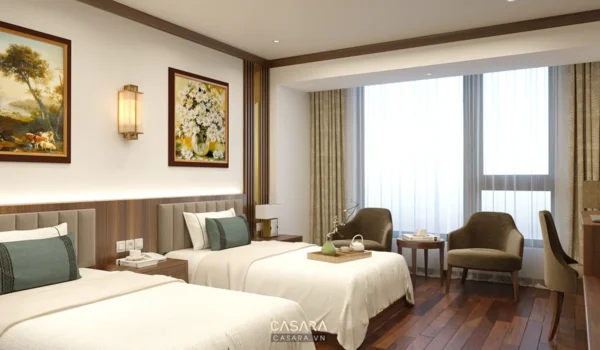 Phòng ngủ khách sạn sang trọng, ấm cúng với tông màu trung tính.