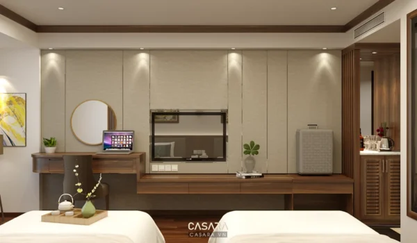 Phòng ngủ hiện đại, ấm cúng với nội thất gỗ và ánh sáng dịu nhẹ.
