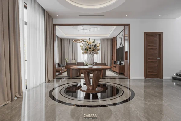 Phòng khách hiện đại, sang trọng với nội thất gỗ ấm áp.