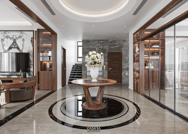 Sảnh đón khách sang trọng với nội thất gỗ và đá hoa cương tinh tế.