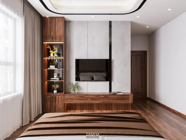 Phòng ngủ hiện đại, sang trọng với tông màu nâu gỗ ấm áp.