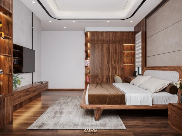 Phòng ngủ gỗ hiện đại, ấm cúng với thiết kế tinh tế, sang trọng.