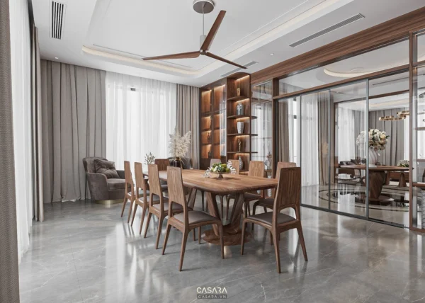 Phòng ăn hiện đại, sang trọng với nội thất gỗ ấm cúng.