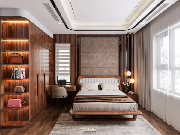 Phòng ngủ hiện đại, sang trọng với nội thất gỗ ấm áp và ánh sáng dịu nhẹ.