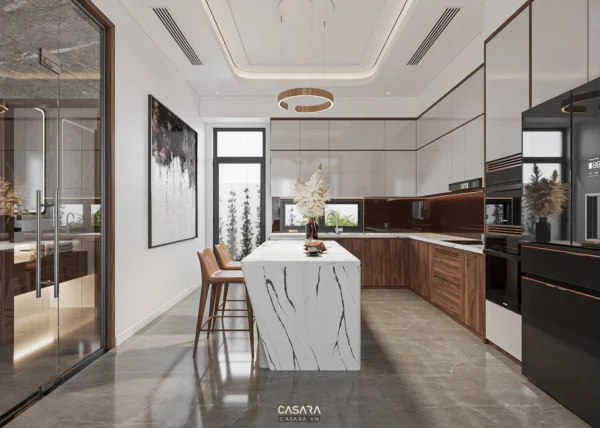 Phòng bếp hiện đại, sang trọng với thiết kế tối giản, tinh tế.