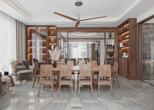 Phòng ăn và phòng khách sang trọng, hiện đại với nội thất gỗ ấm cúng.