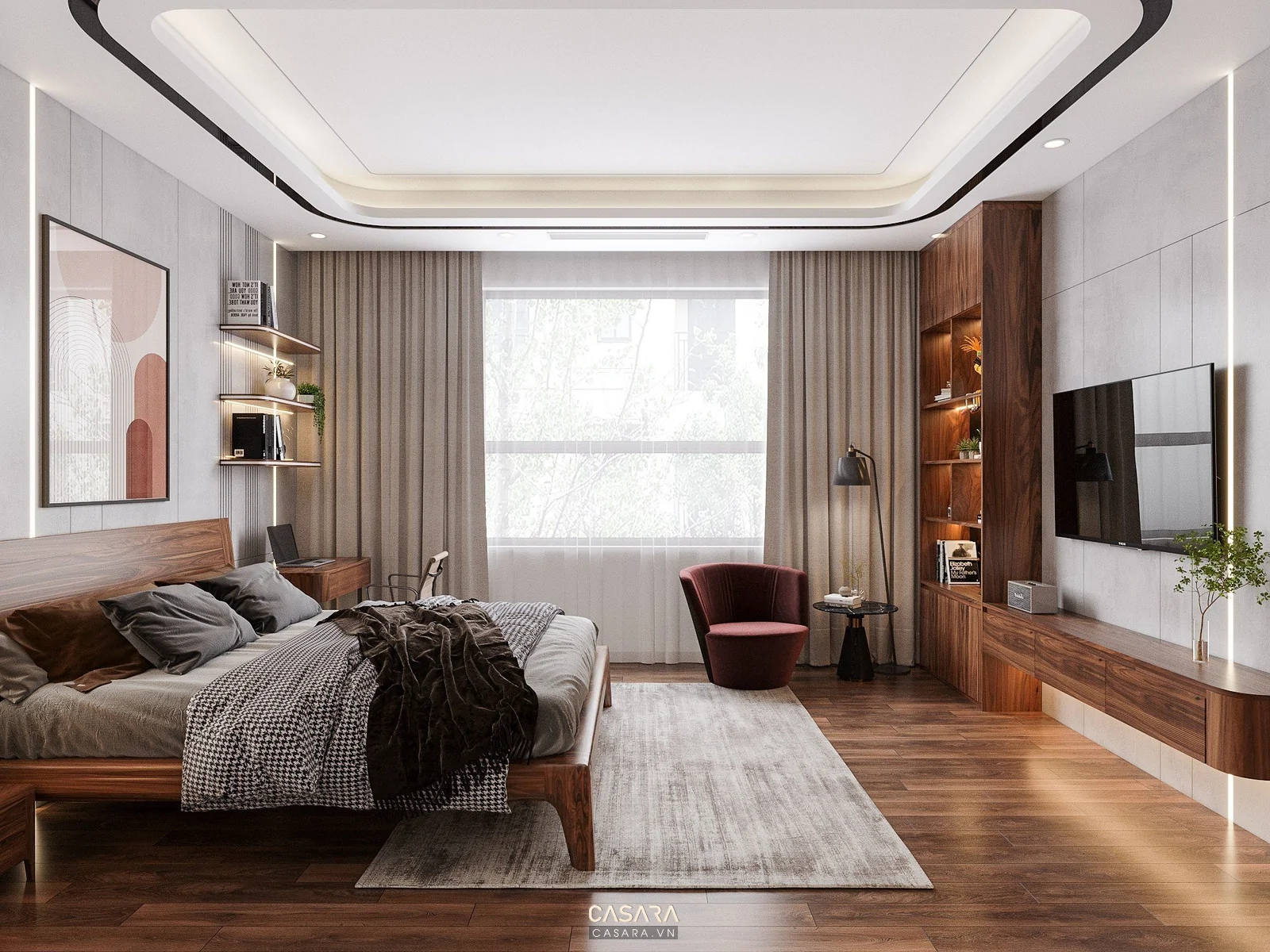 Phòng ngủ căn hộ Vinhome giường bọc nệm tủ áo hiện đại rèm hai lớp