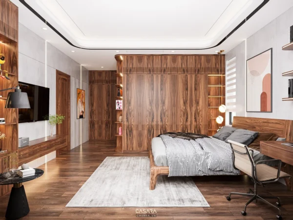 Phòng ngủ hiện đại, thiết kế tối giản với gỗ ốp tường ấm cúng.