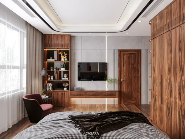 Phòng ngủ hiện đại, sang trọng với nội thất gỗ ấm áp.