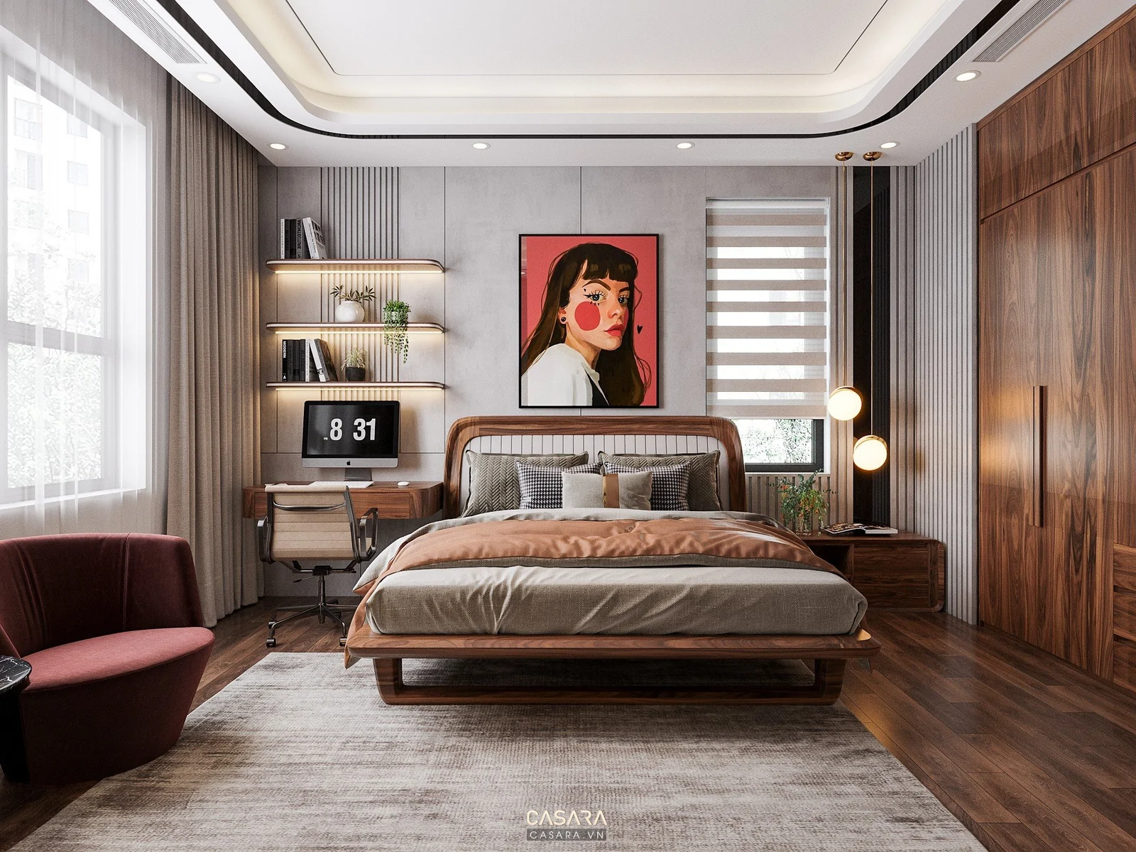 Phòng ngủ hiện đại có giường tủ áo kịch trần bàn làm việc nhỏ và ánh sáng tự nhiên