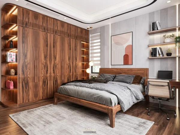 Phòng ngủ hiện đại, ấm cúng với nội thất gỗ chủ đạo và tông màu trung tính.
