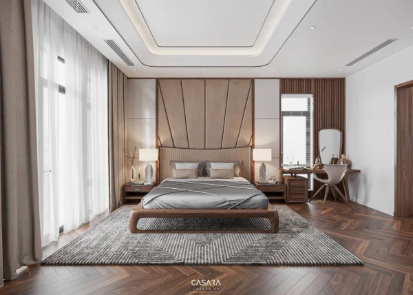 Phòng ngủ sang trọng, ấm cúng với tông màu trung tính và gỗ tự nhiên.