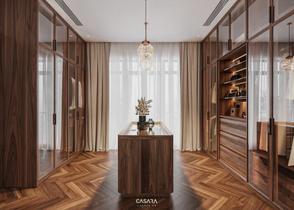 Phòng thay đồ sang trọng với tủ gỗ và sàn herringbone.
