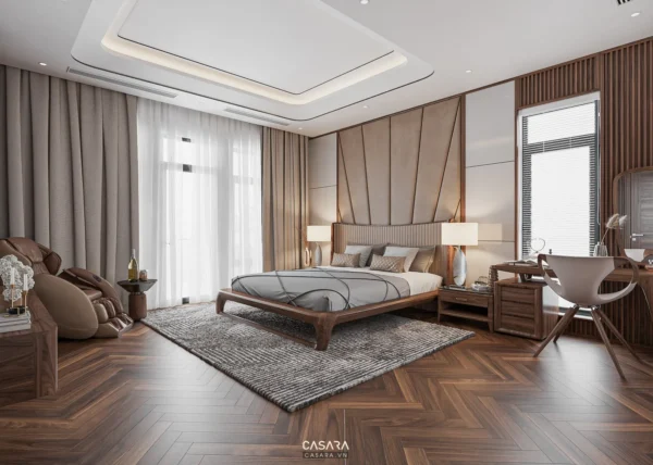 Phòng ngủ hiện đại, sang trọng với nội thất gỗ và tông màu ấm áp.