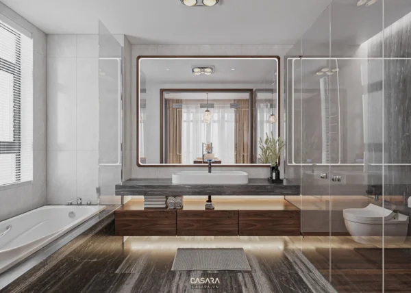 Phòng tắm hiện đại, sang trọng với nội thất gỗ và kính tinh tế.