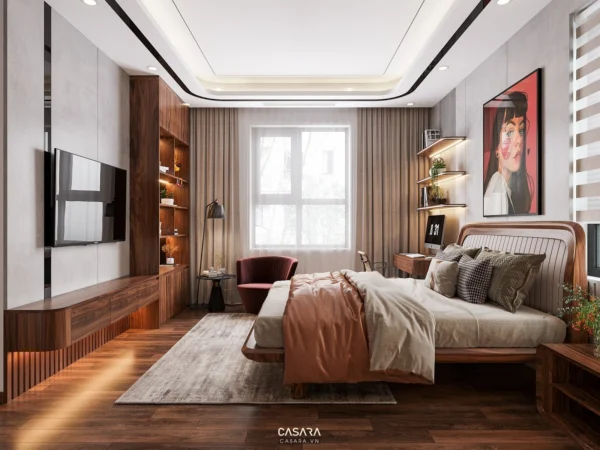 Phòng ngủ hiện đại, ấm cúng với nội thất gỗ và tông màu trung tính.
