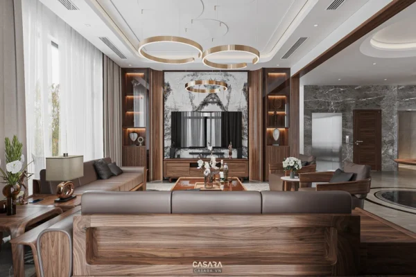 Phòng khách hiện đại, sang trọng với nội thất gỗ và tông màu ấm áp.