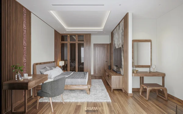 Phòng ngủ hiện đại, ấm cúng với nội thất gỗ chủ đạo.