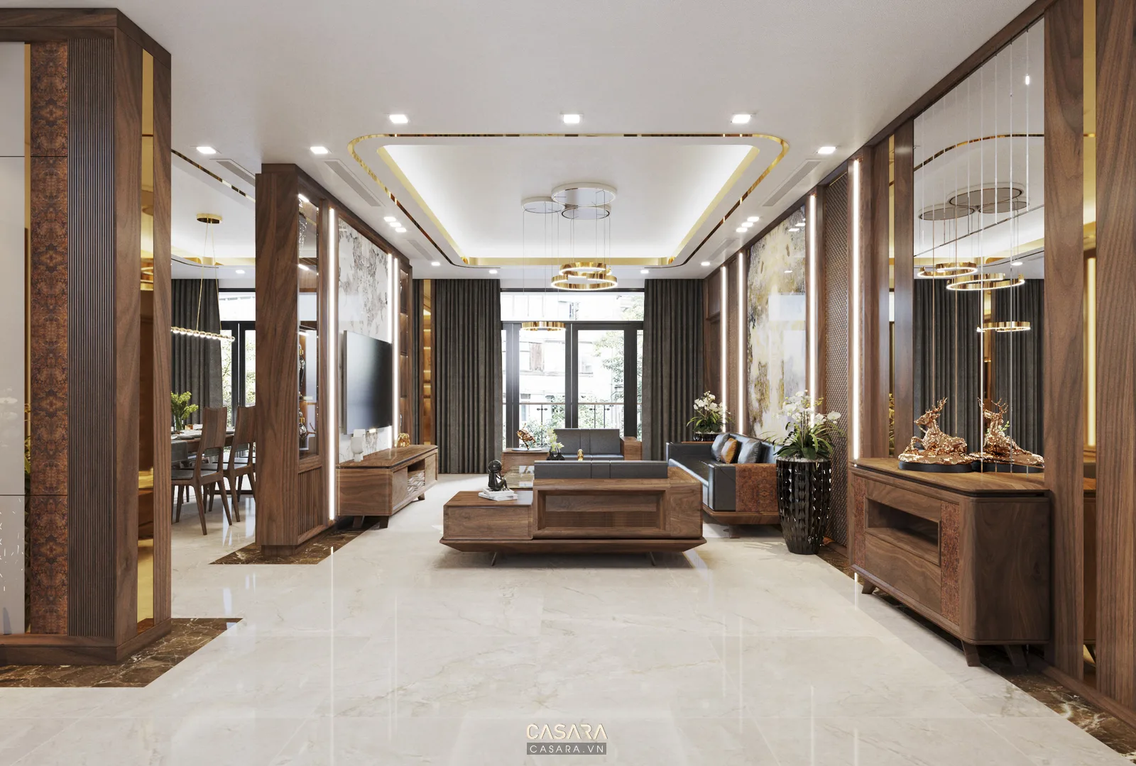Phòng khách nhà phố có tường sơn trắng ngà, sàn gỗ nâu, sofa màu be, rèm vải màu kem, kệ tivi gỗ và ánh sáng ấm áp