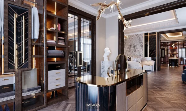 Phòng thay đồ và phòng ngủ sang trọng, nội thất hiện đại.