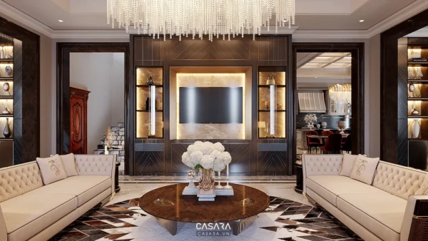 Phòng khách sang trọng với nội thất gỗ và đèn chùm pha lê lộng lẫy.