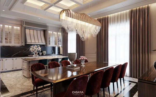 Phòng bếp - ăn sang trọng với đèn chùm và nội thất tinh tế.