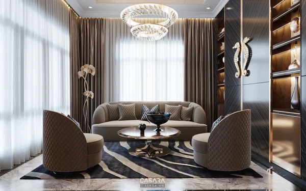 Phòng khách sang trọng với nội thất hiện đại, ấm cúng.