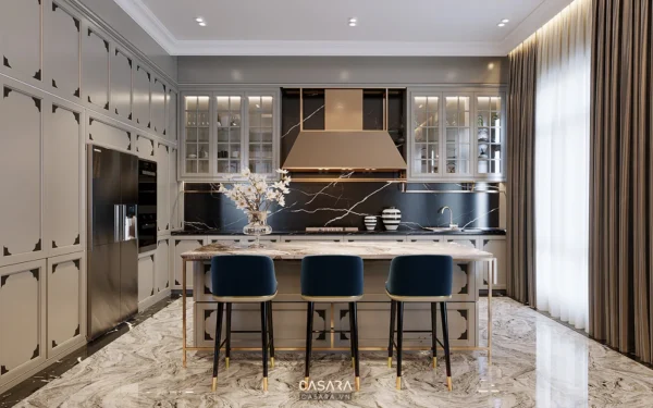 Phòng bếp hiện đại, sang trọng với tông màu trung tính và điểm nhấn xanh.