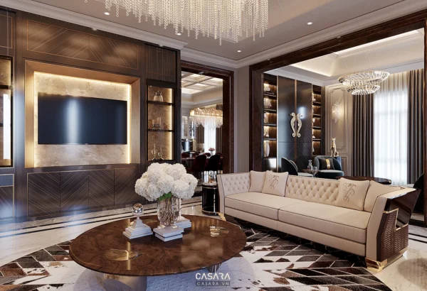 Phòng khách sang trọng với nội thất gỗ và đèn chùm lộng lẫy.