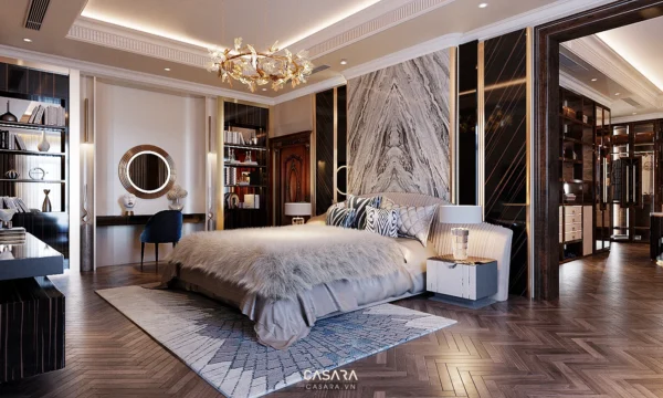 Phòng ngủ sang trọng với nội thất hiện đại, tông màu trung tính ấm áp.