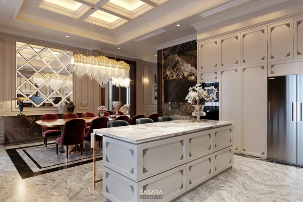 Phòng bếp - phòng ăn sang trọng với nội thất tông trắng, đỏ nổi bật.