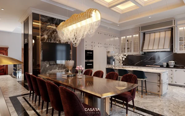 Phòng bếp ăn sang trọng với đèn chùm độc đáo, nội thất hiện đại.
