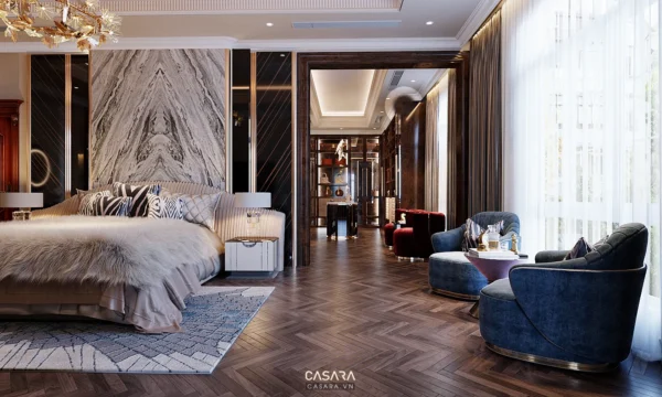 Phòng ngủ sang trọng với tông màu ấm áp, nội thất hiện đại.