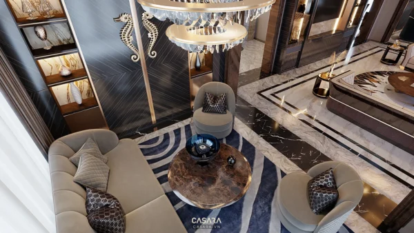 Phòng khách sang trọng với nội thất hiện đại, tông màu trung tính.