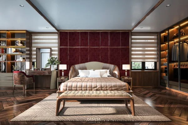 Phòng ngủ sang trọng, ấm cúng với nội thất gỗ và tông màu đỏ burgundy.